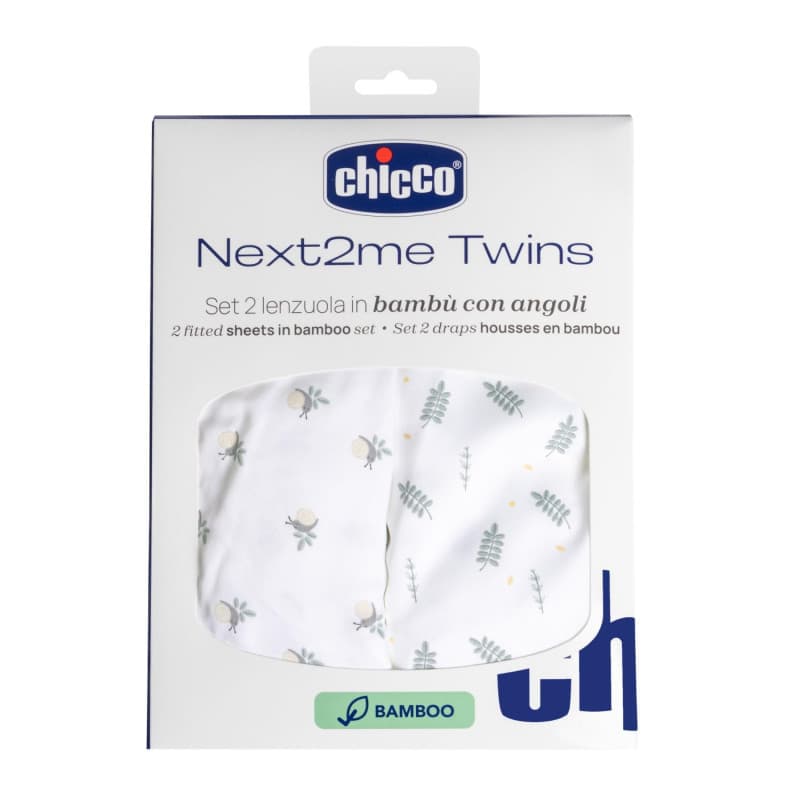 Chicco Ensemble de Draps en Fibre de Bambou, Compatible avec les Lits Next2Me Twins, Lot de 2 draps-housses pour berceau, Fantai