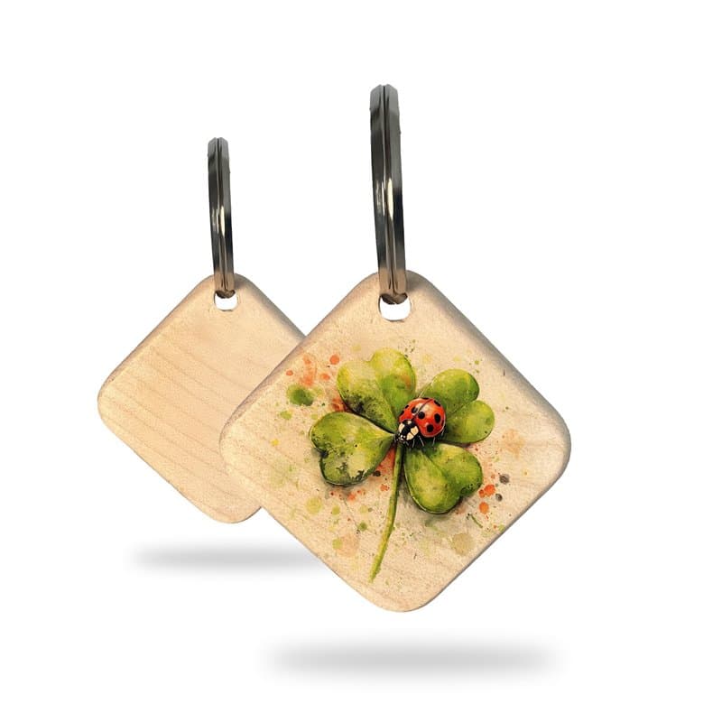 Rienco - Porte-clés trèfle à quatre feuilles avec coccinelle porte-bonheur - Pendentif en bois d'érable artisanal - Cadeau porte