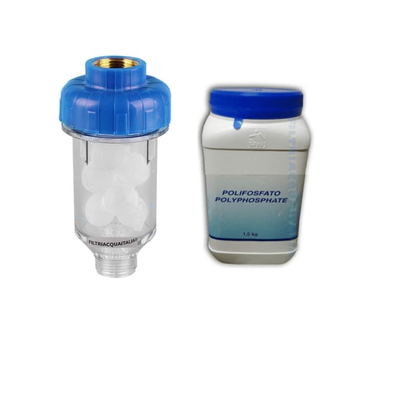 Filtre anti-calcaire pour machine à laver avec 10 charges en polyphosphate de 1,5 kg.