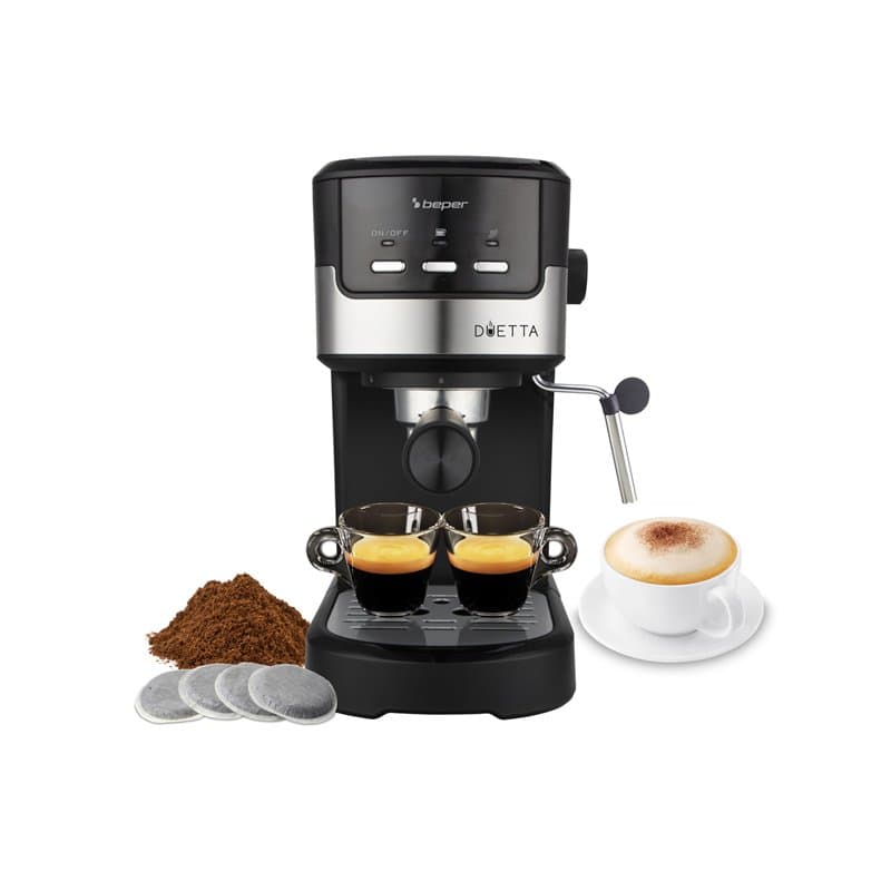 BEPER P101CAF100 Machine à café expresso Duetta, 1100W, Convient aux dosettes et au café en poudre, Machine avec bras à double s