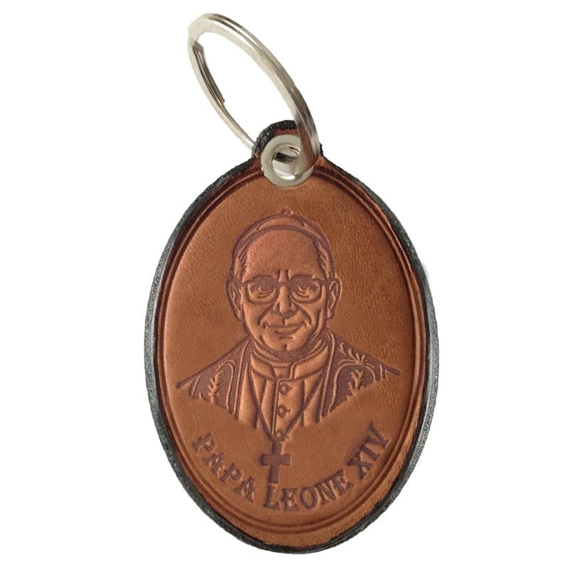 Porte-clés en Cuir Véritable Papa Leone XIV avec Sceau Papal, Fait Main en Italie, 4,9 x 7 cm