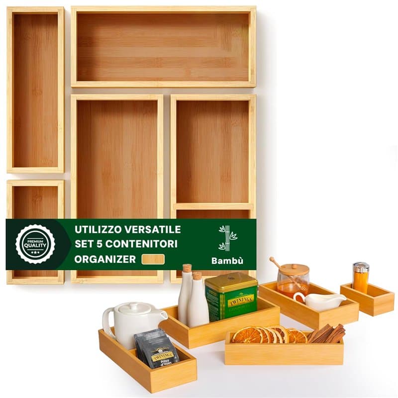 Avilia Lot de 5 organiseurs multifonctions en bambou - Différentes tailles - Diviseurs pour tiroirs cuisine, salle de bain ou bu