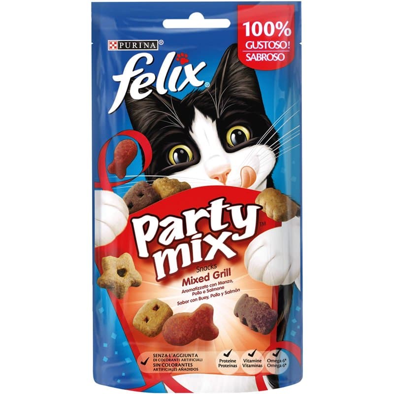 Purina Felix Party Mix Snack Chat Mixed Grill avec Boeuf, Poulet et Saumon, 8 boîtes de 60 g