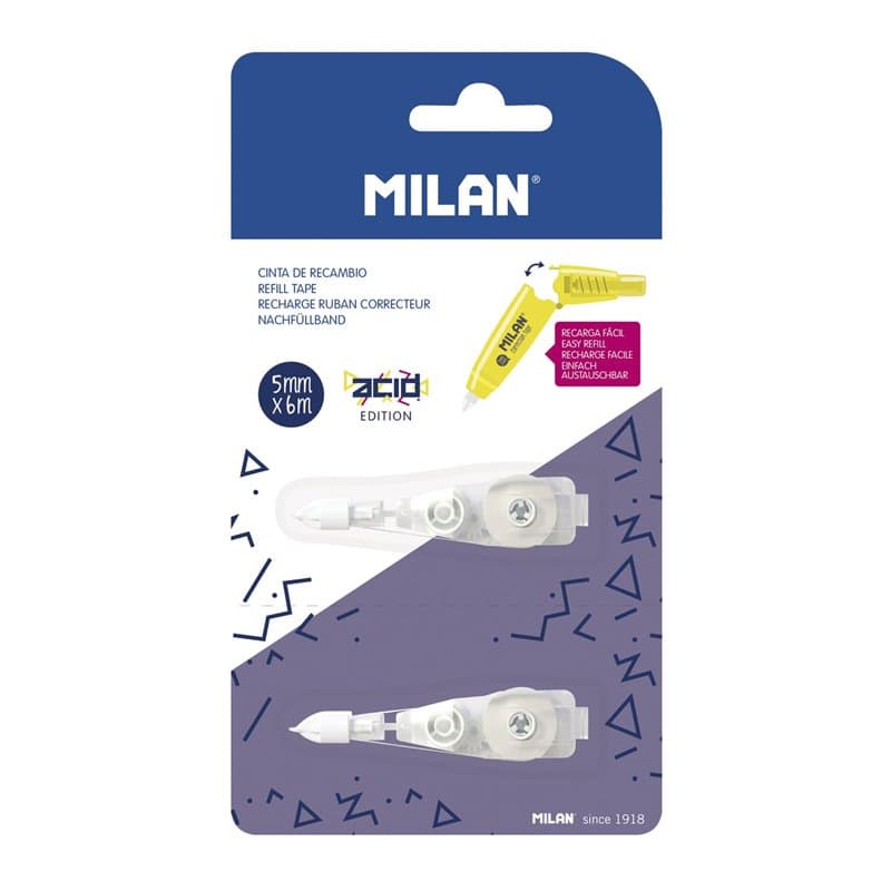 MILAN® Blister de 2 recharges ruban correcteur avec poussoir 5 mm x 6 m série Acid