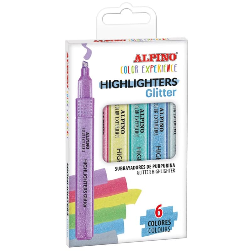 Alpino - Surligneurs Glitter Set de 6 couleurs brillantes | Pointe biseautée de 1-4 mm | Encre à base d'eau | Couleurs vives | Q