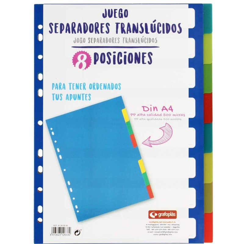Grafoplás 41260500-juego de intercalaires de couleurs pour classeurs et dossiers, 8 onglets format A4