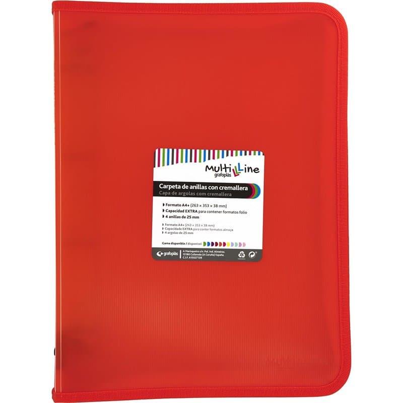Grafoplás Classeur à anneaux avec fermeture éclair A4+, rouge, multiline, 4 anneaux mixtes 25 mm, couverture en polypropylène ra