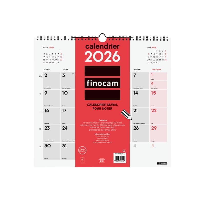 Finocam – Calendrier mural 2026 1 Mois par page Janvier – Décembre 2026 (12 mois) | Calendrier 2026 pour noter | Planificateur m