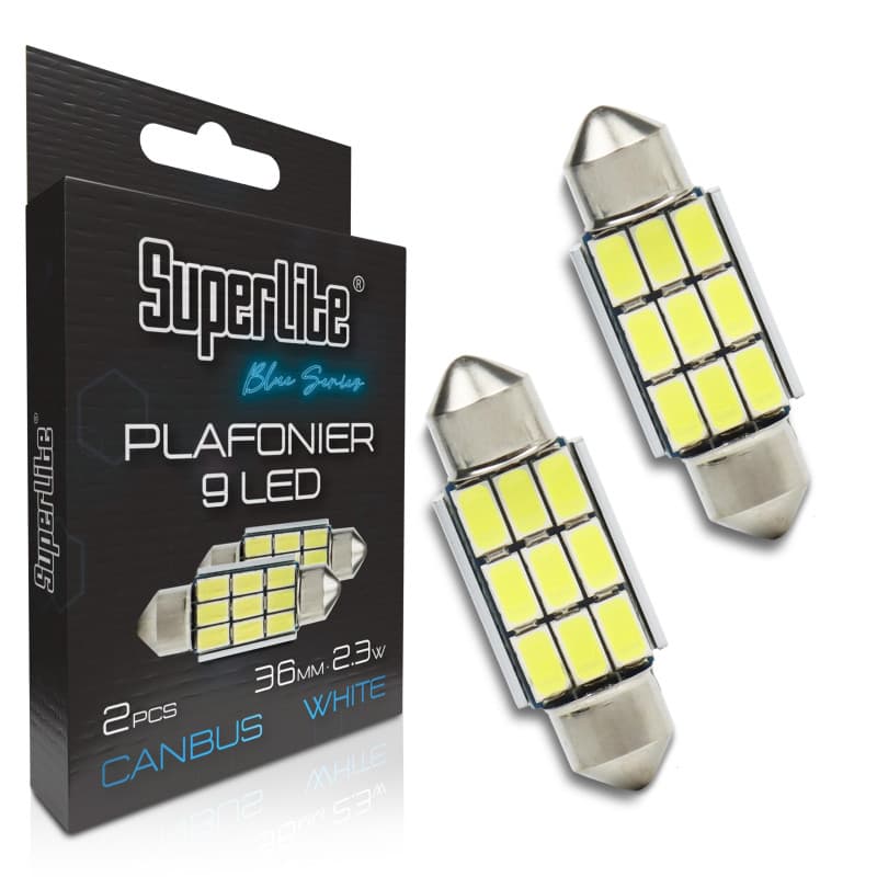 Superlite Jeu de 2 ampoules de plafonnier à 9 Led, 36 mm 2,3W de la gamme Blue Series. Technologie CanBus de lumière blanche. Id