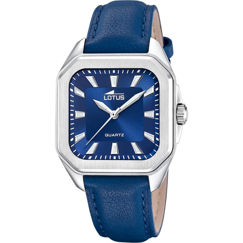 Montre Lotus pour Femme 18968/5 Square Series Boîtier en Acier Inoxydable Gris Bracelet en Cuir Bleu