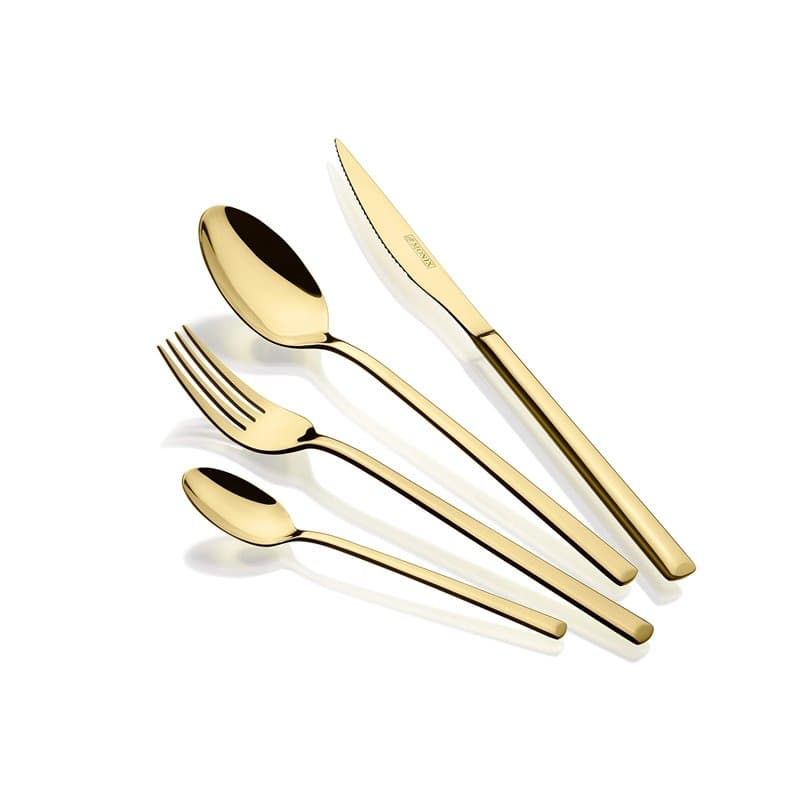 MONIX Verona Gold | Ménagère 24 pièces en acier inoxydable 18/10, design avant-gardiste et moderne, finition polie or brillant,