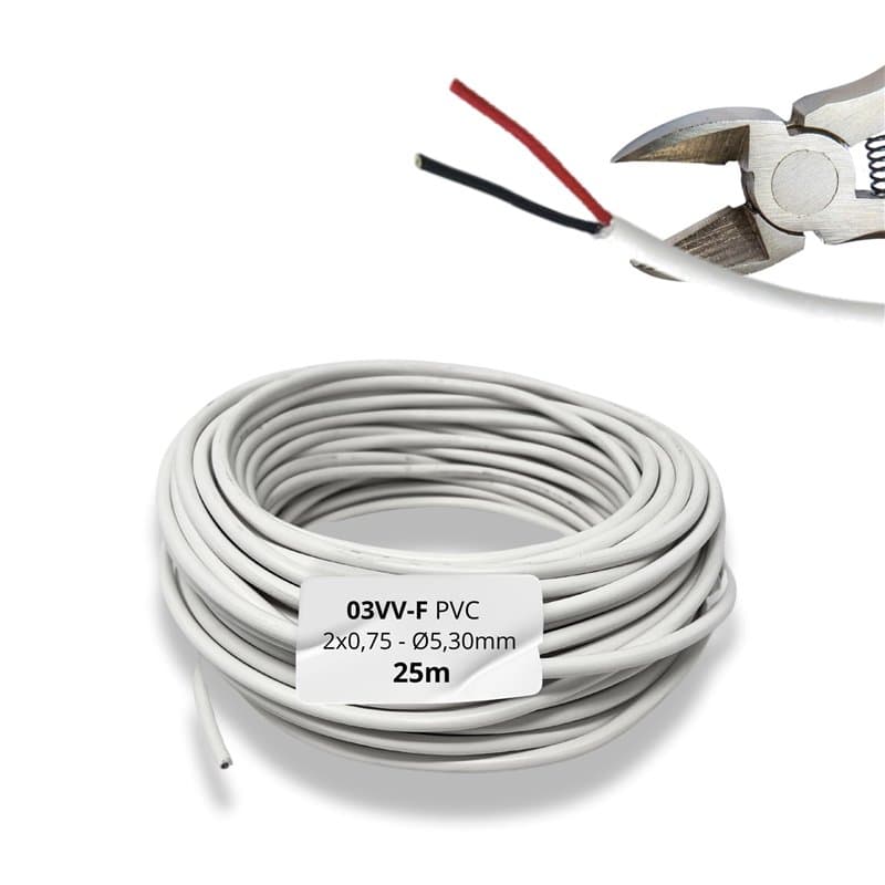 HALOTEC Câble de tuyau rond en PVC 2 x 0,75 mm² Blanc intérieur rouge/noir 25 m Type 03VV-F Câble double en cuivre flexible Cord