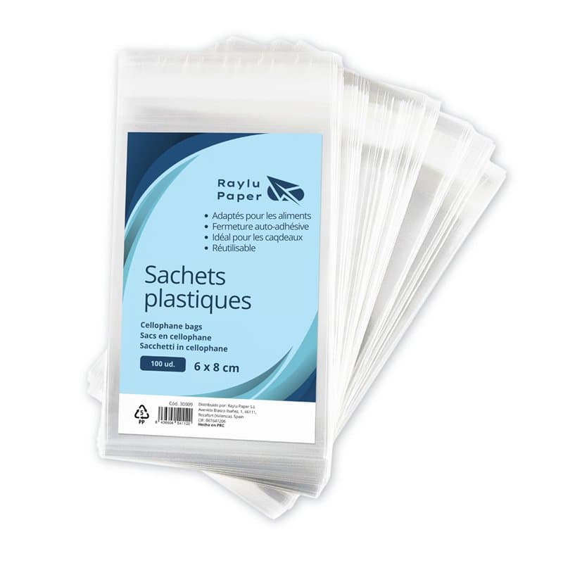 RAYLU PAPER - Lot de 100 sacs en cellophane transparents avec fermeture auto-adhésive, sachets en plastique pour cadeaux d'anniv