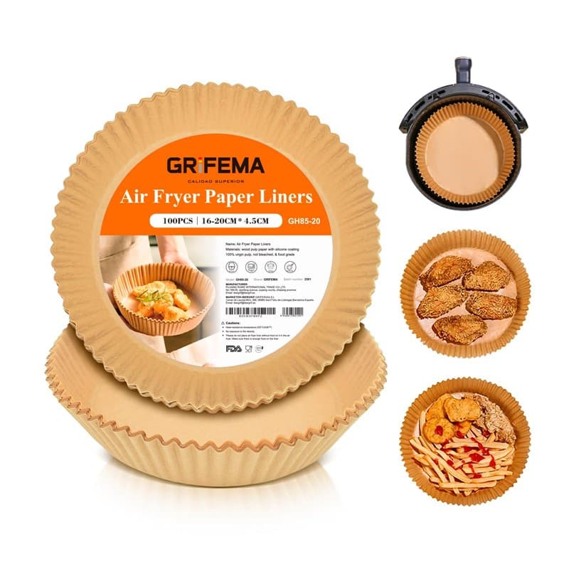 GRIFEMA Papel Freidora Aire 100 Piezas, Papel para Freidora de Aire Redondo sin BPA, 16-20cm, Antigrasa, Homologación SGS、FSC、FD
