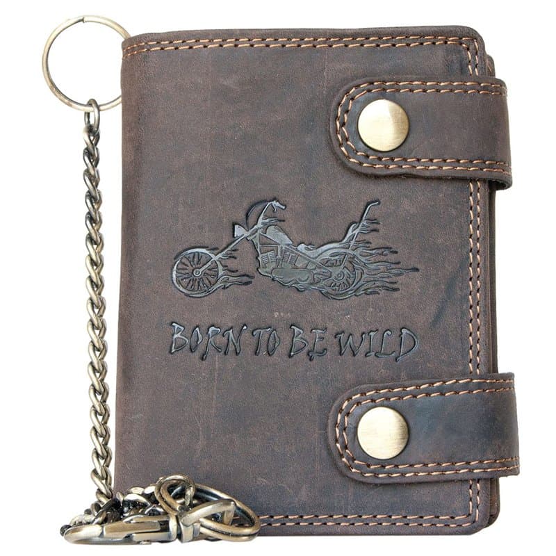 Portefeuille Biker's Born to be Wild, Brun, en Cuir véritable, pour des hommesavec chaîne en métal, avec Le Moto