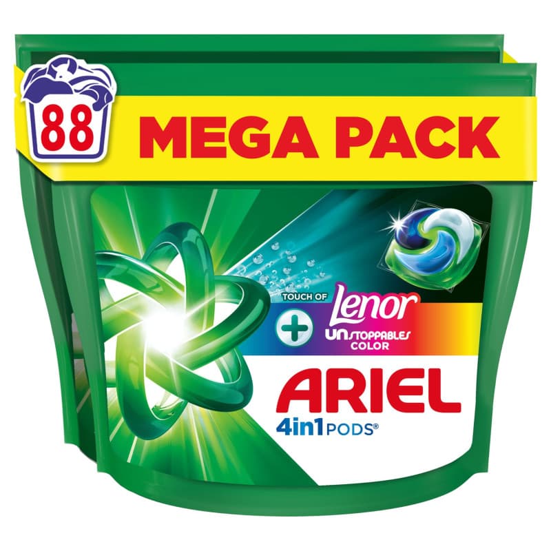 Ariel 4en1 PODS Touch Of Lenor Unstoppables Color, 88 Lavages, Lessive Capsules Liquide, 7 Jours de Fraîcheur Longue Durée, Prot