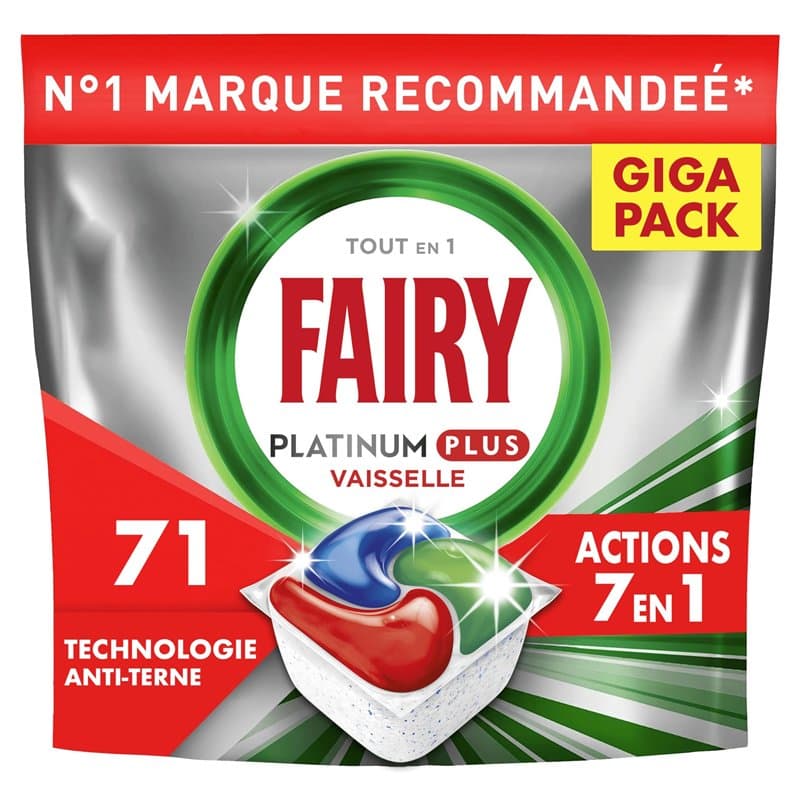 Fairy Platinum Plus Tablettes Lave-Vaisselle Tout En 1 Regular, 71 Capsules, Technologie Anti-terne, Redonne l'Éclat, Prévient l
