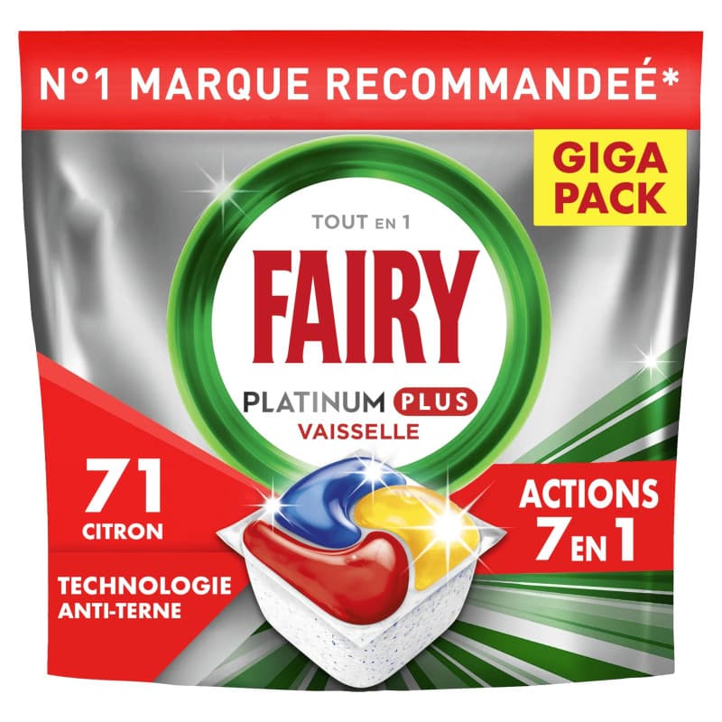 Fairy Platinum Plus Tablettes Lave-Vaisselle Tout En 1 Citron, 71 Capsules, Technologie Anti-terne, Redonne l'Éclat, Prévient le