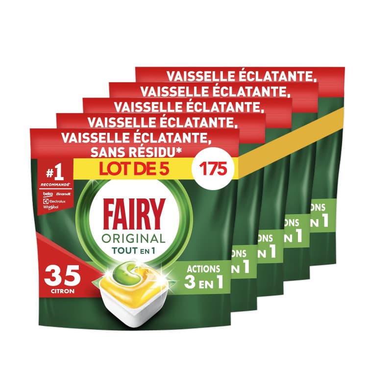 Fairy Original Tablettes Lave-Vaisselle Tout En 1 Citron, Pack Familial 175 Capsules (5x35), Efficaces Contre Graisse Incrustée,