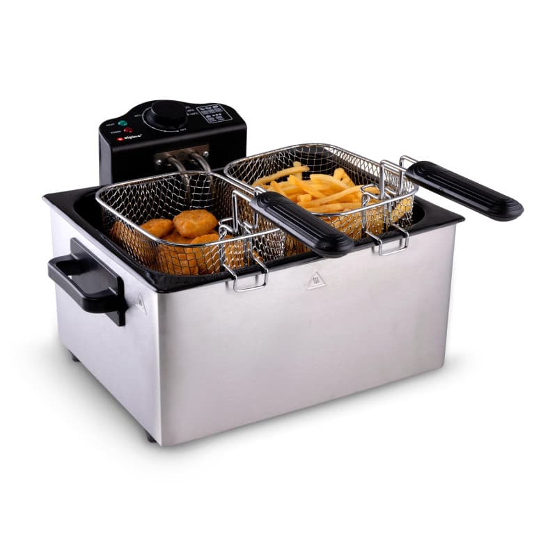 Alpina Friteuse à Huile 5 Litres - Double avec 3 Paniers (1 Grand, 2 Petits) - Grande Capacité jusqu'à 190 °C - 2000W - Inox, Ac