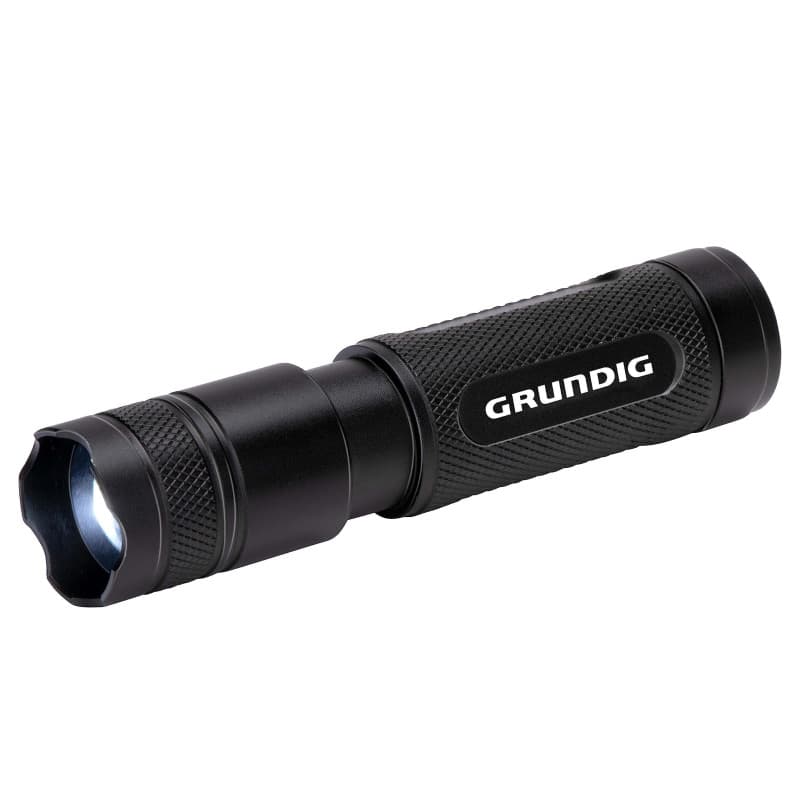 GRUNDIG Lampe de poche LED 50 lumens – 1 W – Portée 65 m – 3 modes d'éclairage : haut, faible, pulsé – Noir