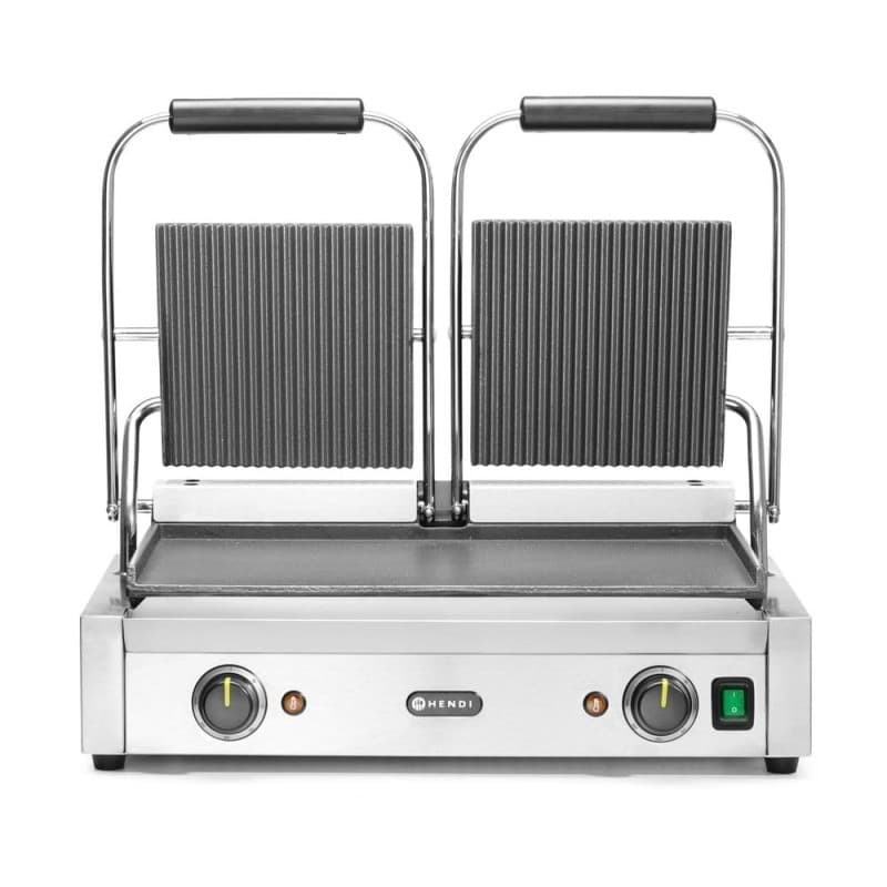 HENDI Gril de Contact Électrique Double, Plaque Panini Professionnel, Plaques Lisse et Rainurées en Fonte Émaillée, 230V, 3600W,