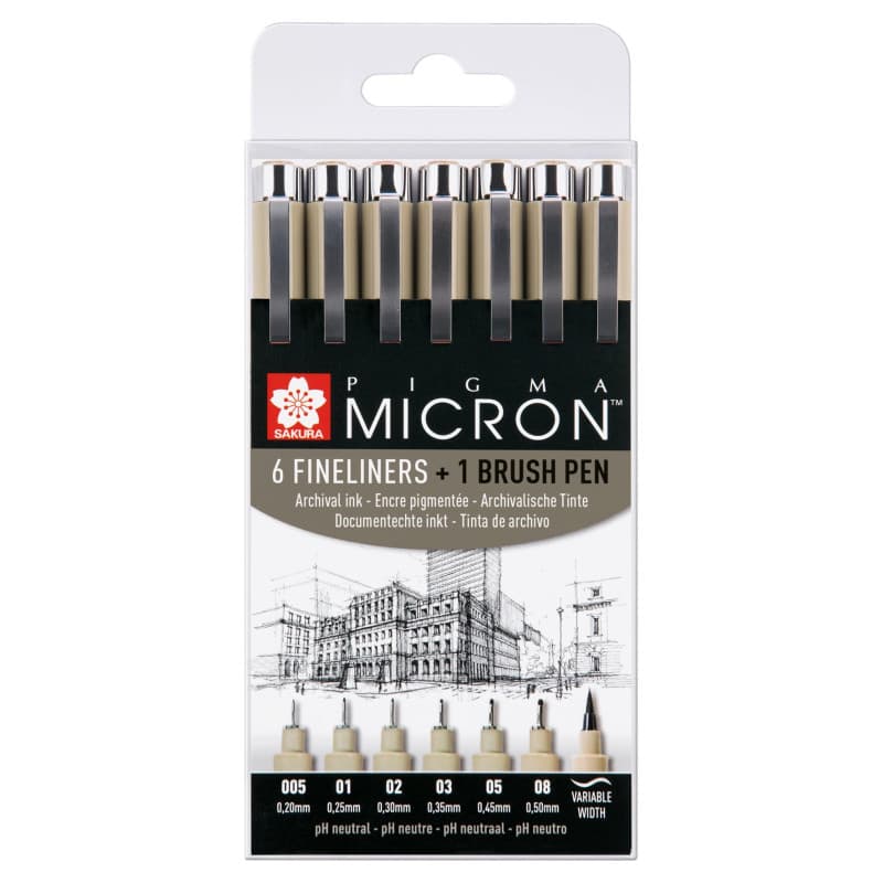 SAKURA Pigma Micron Pointe Callibrée Set de 6 + Brush Pen | Encre permanente résistante à l’eau| Stylos pour l'écriture, le dess