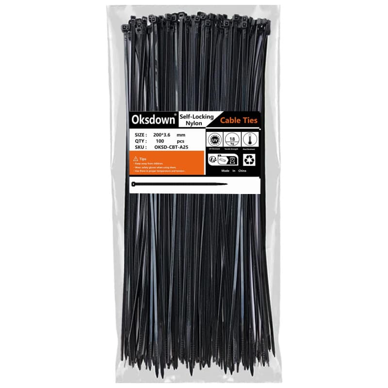 Oksdown Collier de Serrage en Nylon 200 mm × 3,6 mm Attache Câble Plastique Rilsan Serre Câbles, Noir, Lot de 100 Pièces