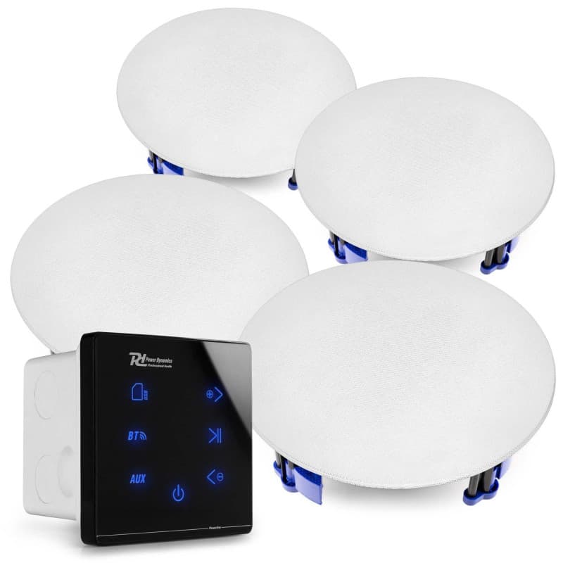 Power Dynamics Powerline A100BSET Kit Amplificateur 4X 20 Watts avec Enceintes de Plafond Blanches, Bluetooth, USB et Micro SD,