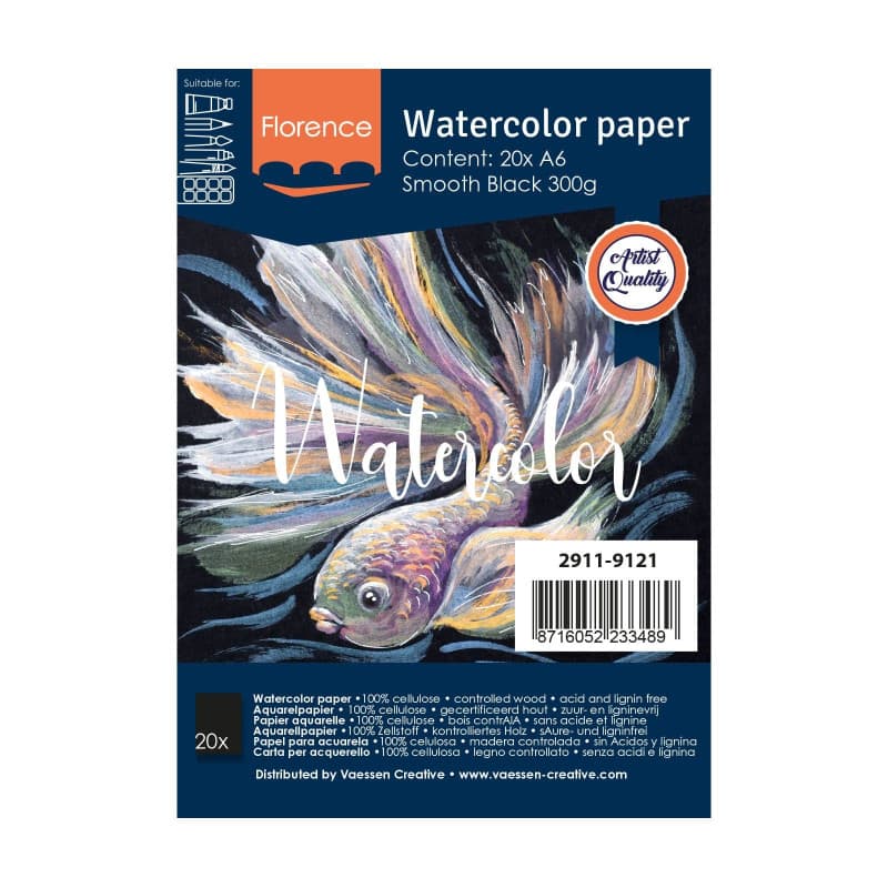 Florence Papier Aquarelle Lisse - A6 - Noir - 20 feuilles - 300 g/m² - Sketchbook pour le Dessin, la Calligraphie et la Peinture