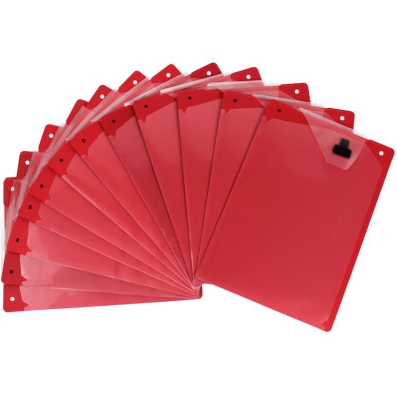 Lot de 12 porte-documents A4 en plastique polypropylène incassable avec pochette pour clés de voiture, rouge