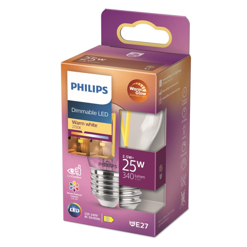 Philips ampoule LED Sphérique E27 25W Blanc Chaud Claire, Compatible Variateur