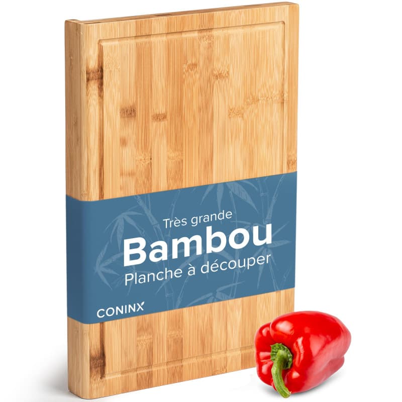 Grande Planche à Decouper Bois Coninx avec Fente Jus, 45x30x2.5cm Planches Découper en Bambou Moso Antibactérien pour Légumes, F