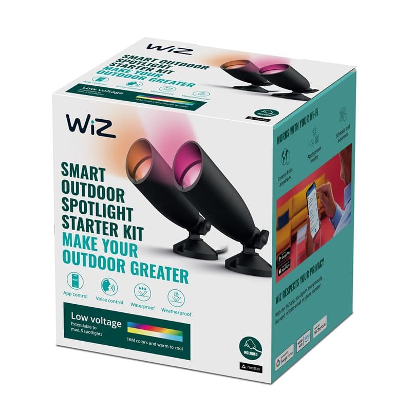 WiZ, pack de 2 spots extérieurs Wi-Fi, couleur, IP67, fonctionne avec Alexa, Google Assistant et Apple HomeKit, noir, alimentati
