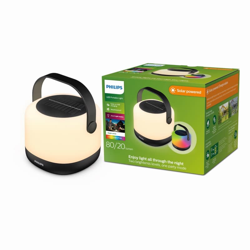 Lampe solaire portable Philips Alula, 3000K et changement de couleur RVB, câble de chargement USB, IP44, noir et blanc