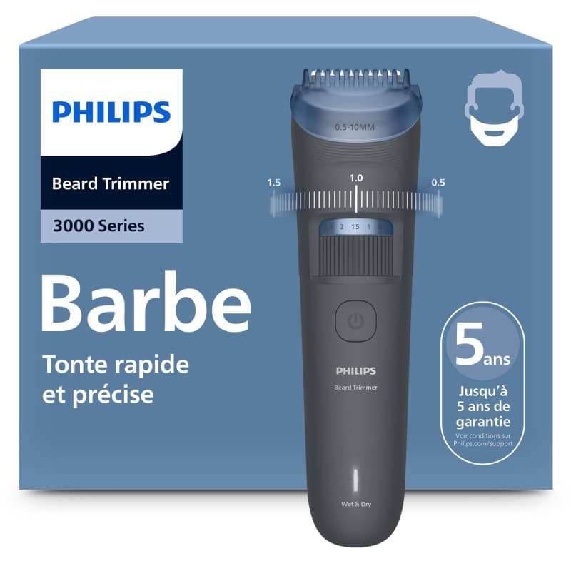 Philips Tondeuse à barbe série 3000 – Lames angles arrondis, 20 hauteurs de coupe réglables, Sabot Lift & Trim, 100% étanche, In