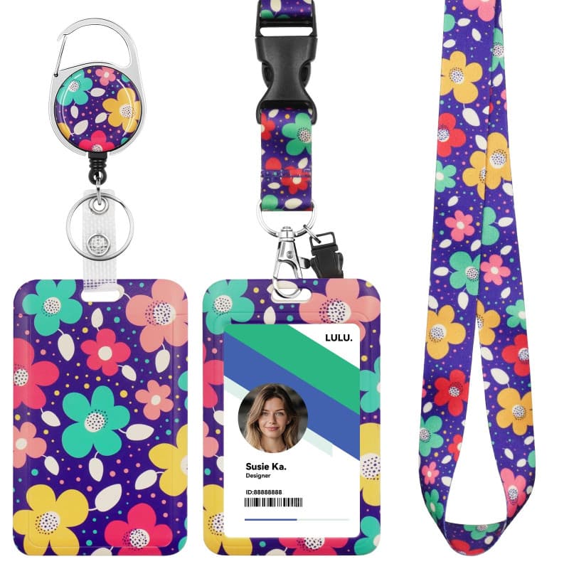 Porte Badge Tour de Cou avec Cordon Rétractable, Porte-Carte d'Identité Floraux, 3-en-1 pour Cartes Clés Badges, Collier Profess