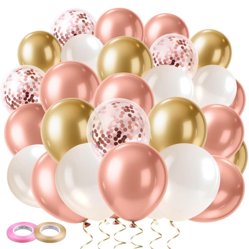 Elalove 70 Ballons Rose Gold, Blanc, Doré à Paillettes, Kit Anniversaire Mariage avec 2 Rubans, Décoration Fête EVJF Baptême