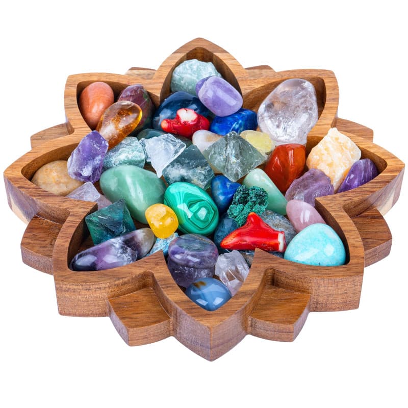 Curawood Plateau Lotus en cristal pour pierres - Montrez vos cristaux et pierres de guérison - Support et étagère organisateur