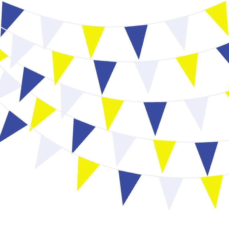 Guirlande de fanions triangulaires en tissu pour remise de diplôme, anniversaire - Jaune, blanc et bleu - 40 m