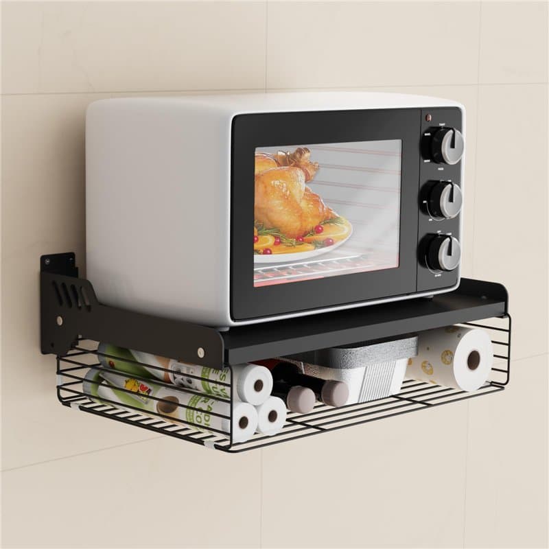 HMAKGG Support Micro Onde Mural, Etagere Micro Onde 2 Niveaux avec Panier Rangement, Support Mural Micro Onde en Acier au Carbon