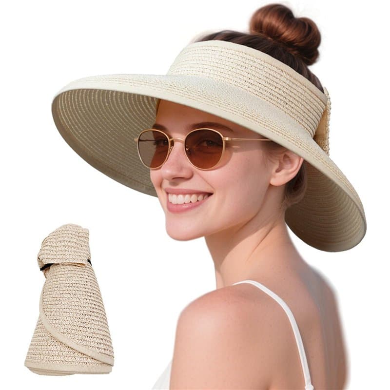 MLPKOI Chapeau de Paille Femme, Chapeau de Soleil de Plage Pliable UPF 50+ Chapeau de Paille à Large Bord pour Femme avec Nœud D
