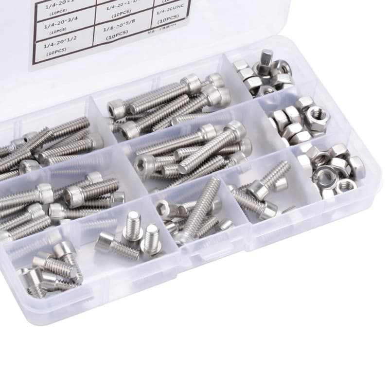 Jeanoko 90 pcs UNC en Acier Inoxydable Vis À Tête Hexagonale À Tête Creuse Boulons Et Écrous Précis Assortiment Kit 1/4-20 | Plu