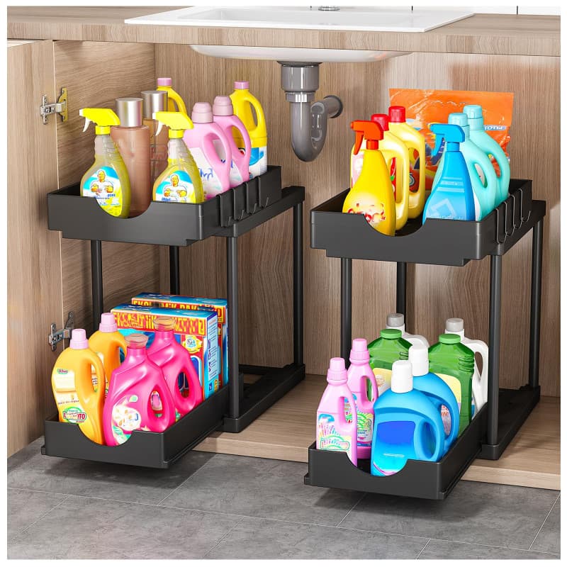 ARSTPEOE Lot de 2 rangement sous evier, tiroirs coulissants doubles à 2 niveaux,rangement et organisation de cuisine,noir
