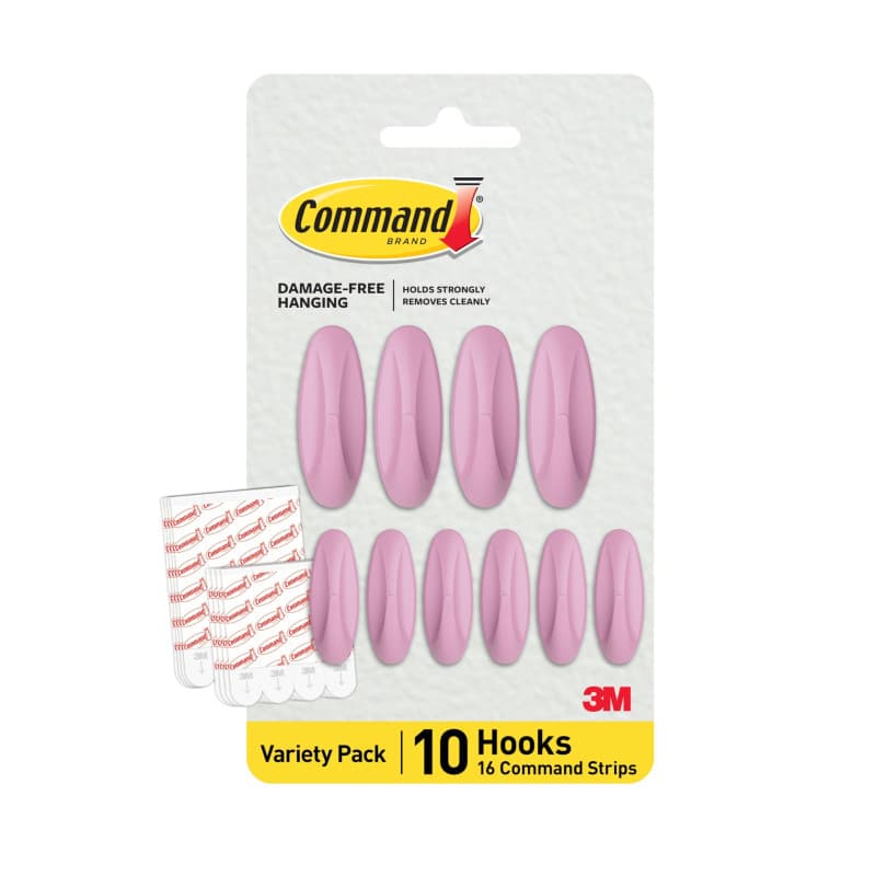 Command Crochets Adhésifs Couleur Lilas - 10 crochets (4 grands, 6 moyens) & 16 languettes adhésives (8 grandes, 8 moyennes) - A
