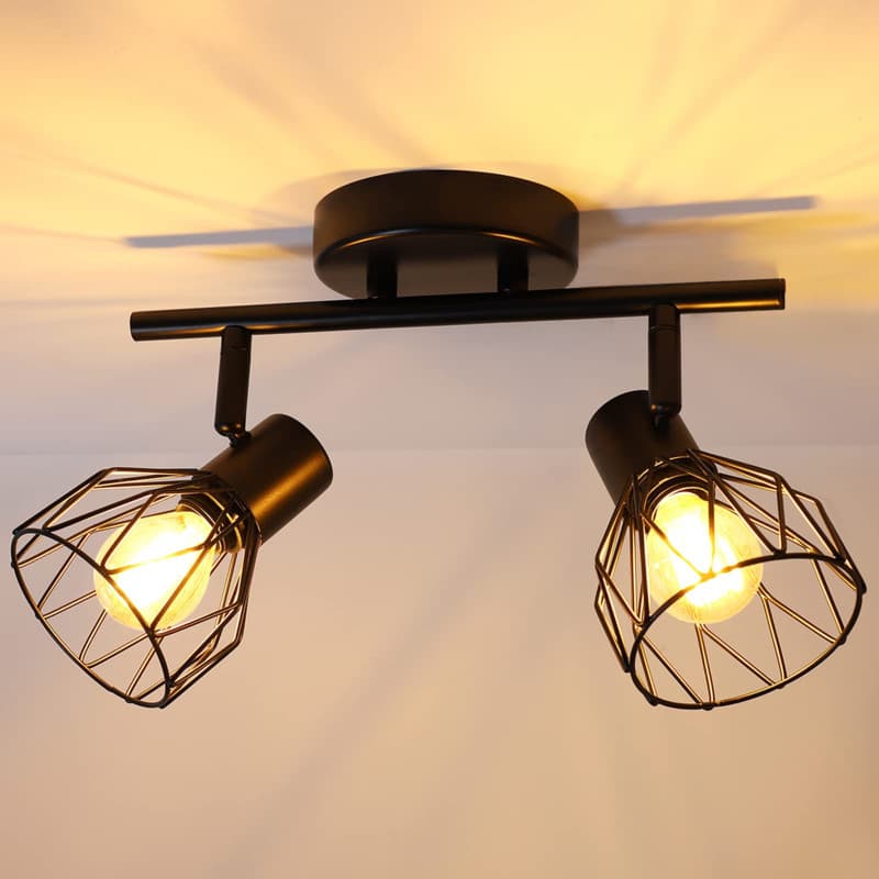 Dehobo Plafonnier Industriel Spots et Rails de Spots Noir, Plafonnier 2 Spots LED Orientable avec Douille E14, Spots de Plafond