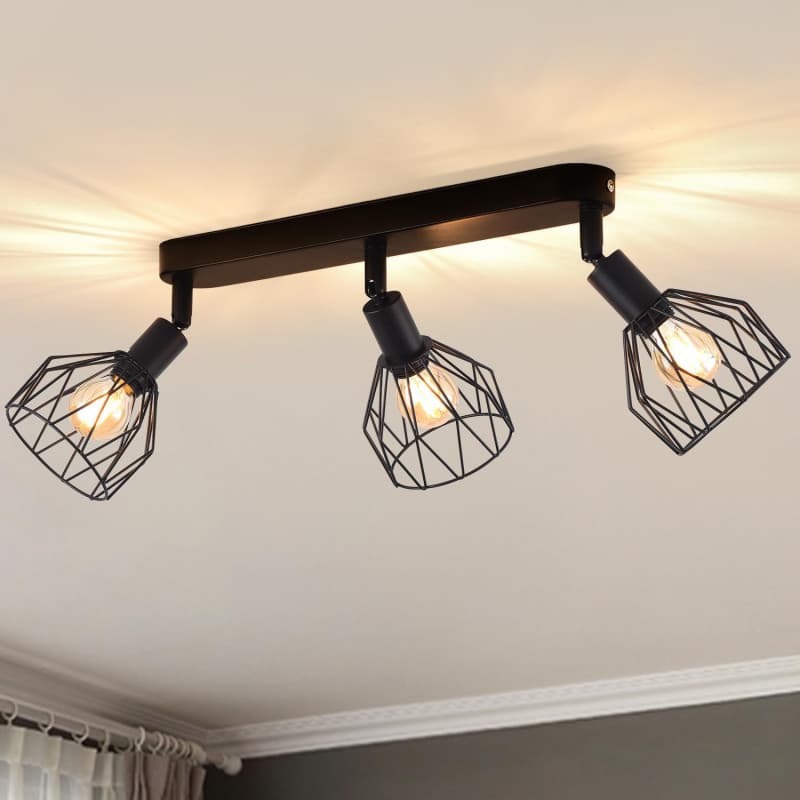 ANWIO Plafonnier Spots, 3 Spots de Plafond Led Intérieurs Base E14, Spots de Plafond Noirs avec Base Rectangulaire, Spots de Pla
