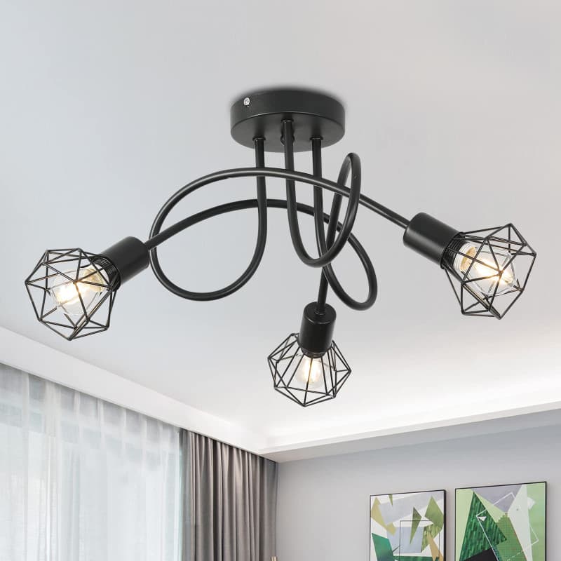 Mchoter Plafonnier Industriel 3 Spots Plafonnier en Métal Noir Cage, luminaire plafonnier Industrielle, Spots de Plafond Suspens