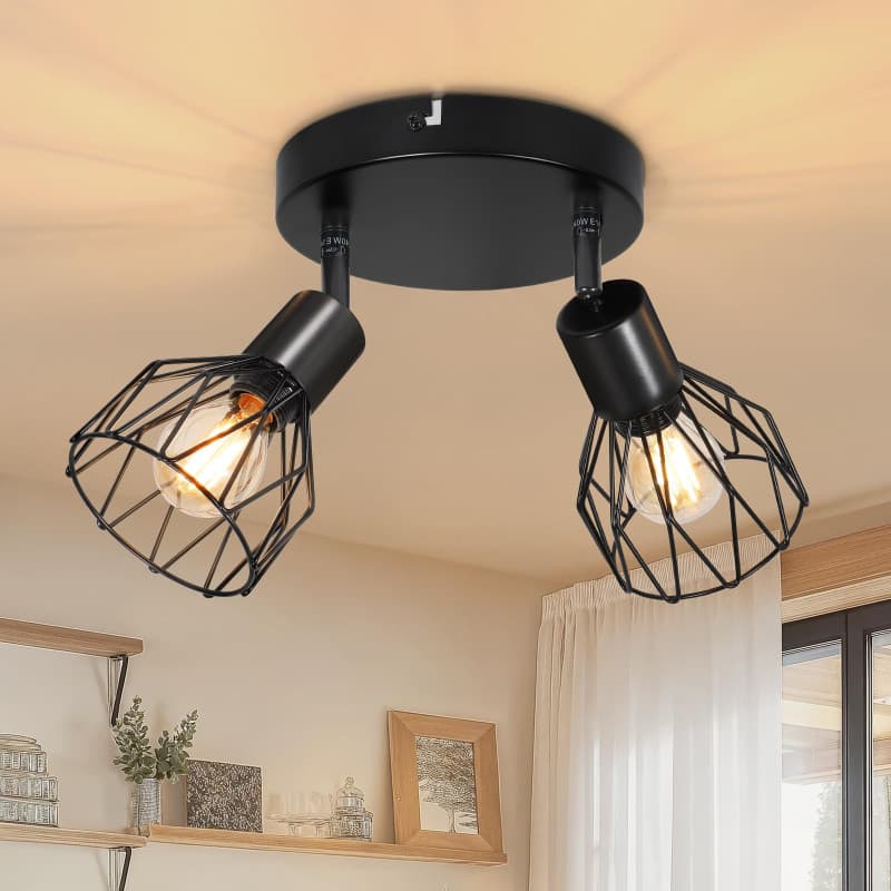 Dehobo Plafonnier Spot Orientable avec Douille E14 - Style Rétro Spots de Plafond - Plafonnier Led Cuisine 2 Spots Noir - plafon