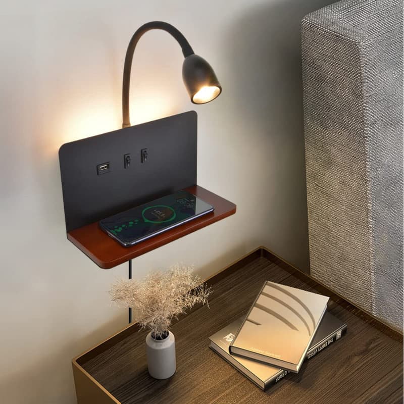 Applique Murale Intérieure LED, Lampe Murale Chambre avec ports USB Et Chargeur sans Fil, Cou Flexible Lampe de Lecture 3 Tempér
